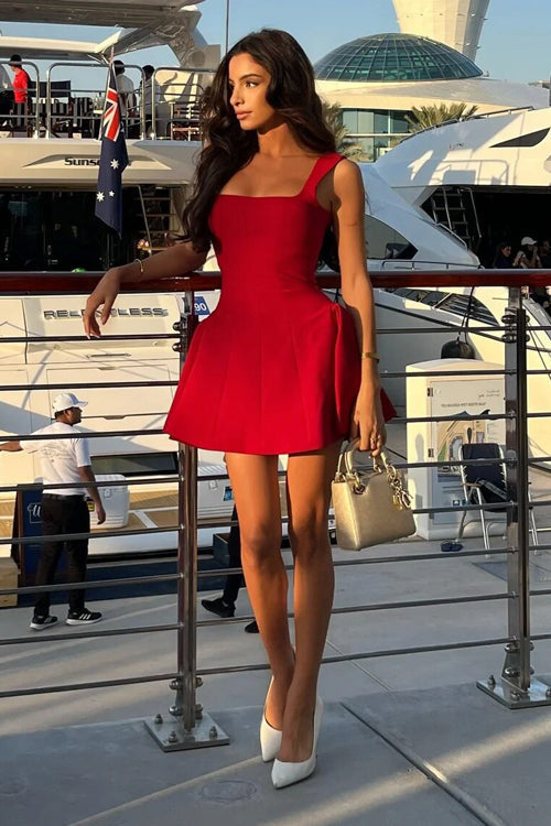 Square Neck Wide Strap Princess Seam Fit and Flare Skater Mini Dress