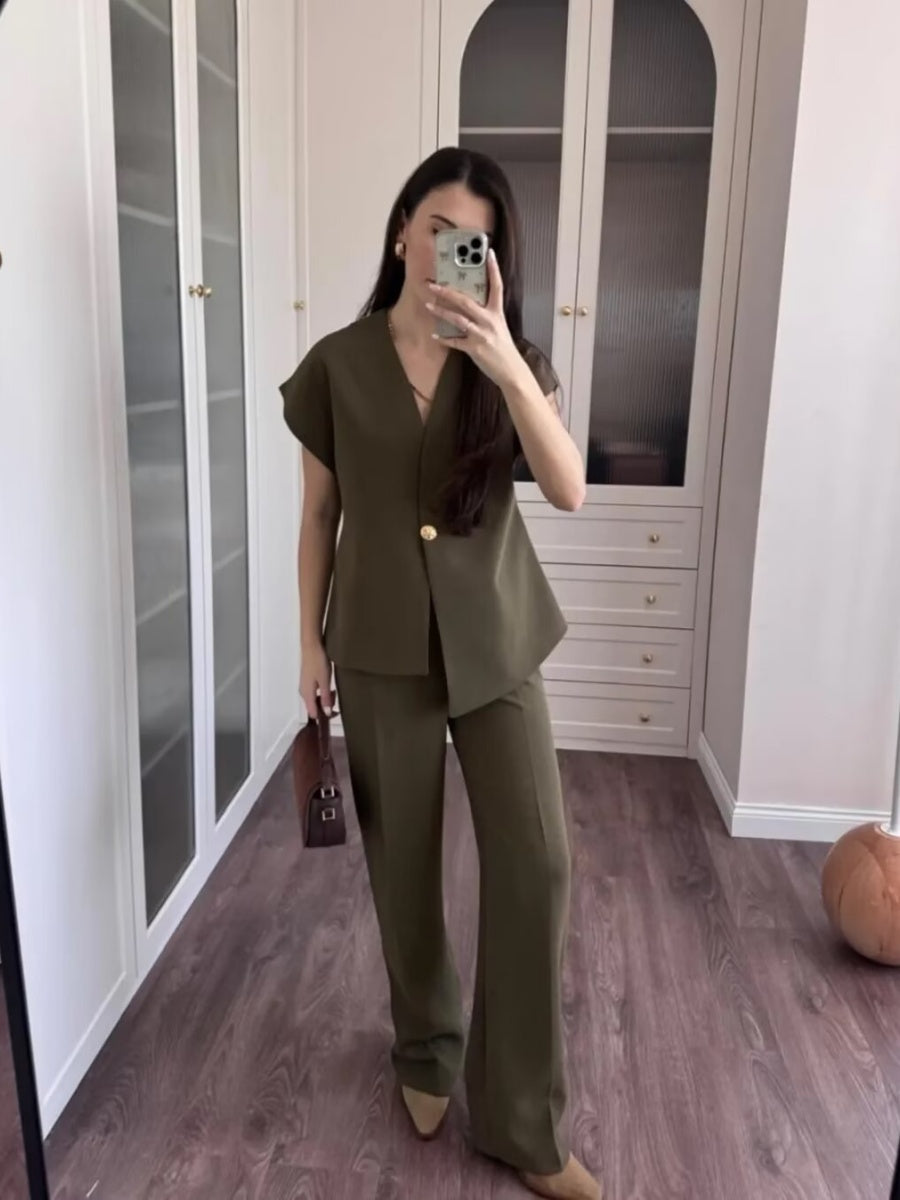 V-neck Buttons Jacket Wide-leg Pants Set Commuting 2-piece Sets