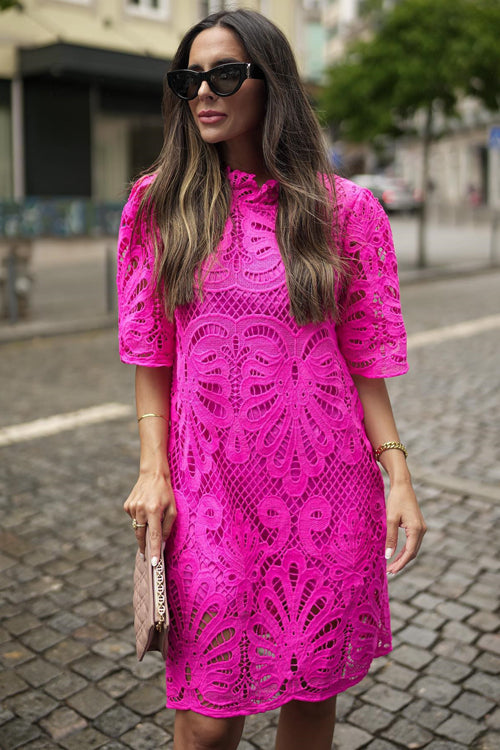 Mock Neck Guipure Lace Scalloped Elbow Sleeve Shift Mini Dress