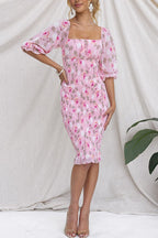 Square Neck Smocked Floral Print Midi Bodycon Dress