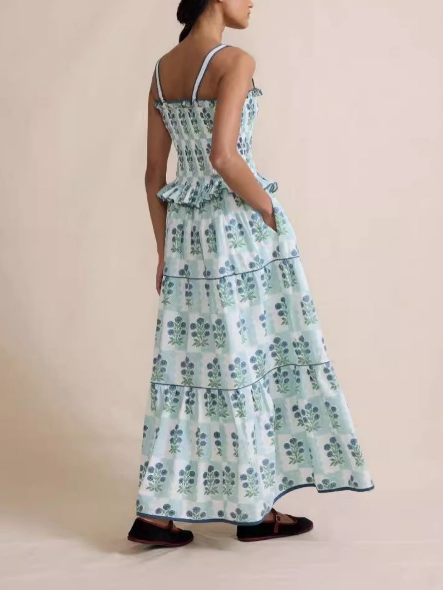 Printed Wavy Edge Spaghetti Strap Long Dress