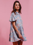 Denim Floral Print Collared Short-sleeved Shirt Buttons Shirt Dress