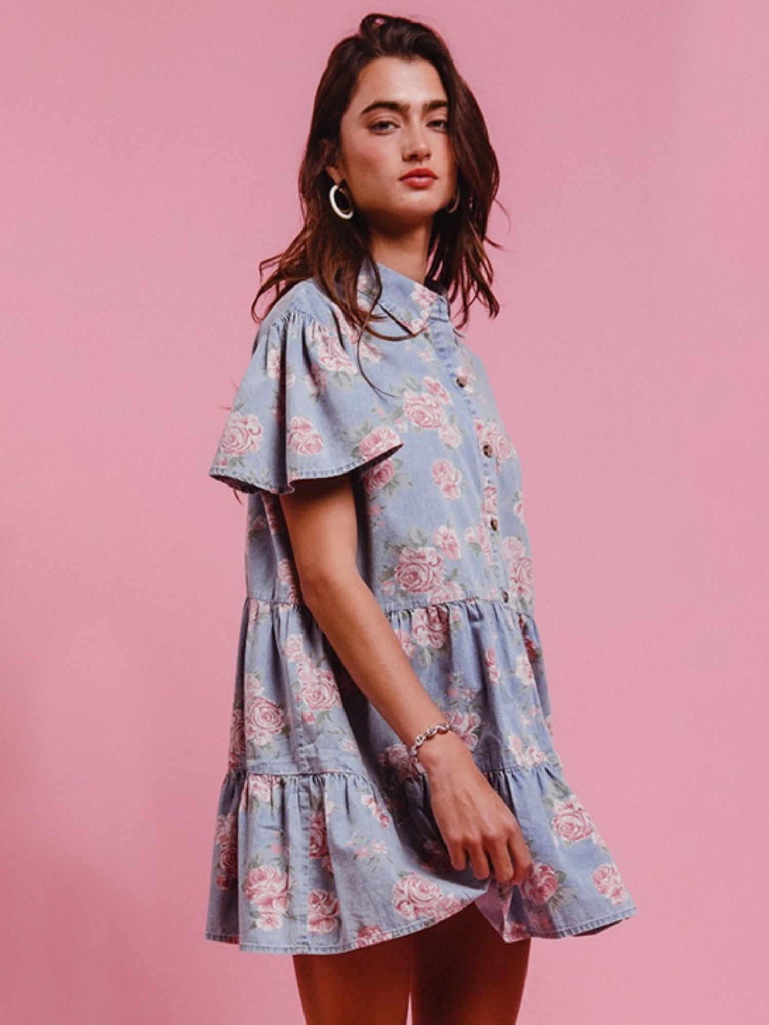 Denim Floral Print Collared Short-sleeved Shirt Buttons Shirt Dress