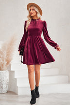 Velvet Ruffled Mock Neck Bishop Sleeve Elastic Waist A Line Mini Dress