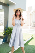 Sweetheart Neck Gingham Check Lace-Up Corset Waist A-Line Midi Dress