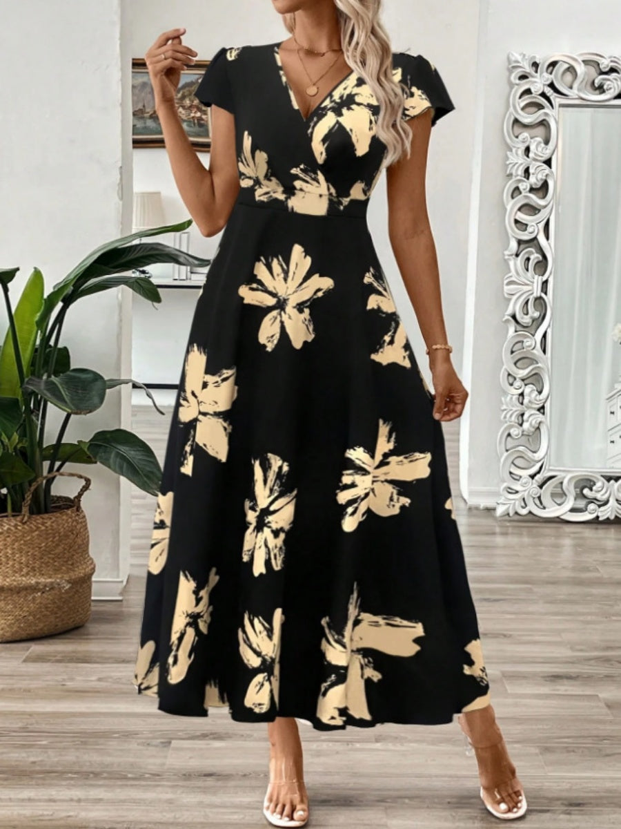 V-neck Ruffle Printed Vacation And Leisure Maxi Dresses