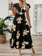 V-neck Ruffle Printed Vacation And Leisure Maxi Dresses