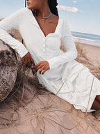 V-Neck Button Front Long Sleeve Side Slit Maxi Dress