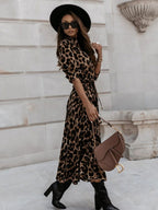 Leopard Print Long Sleeves Large Skirt Maxi Dresses