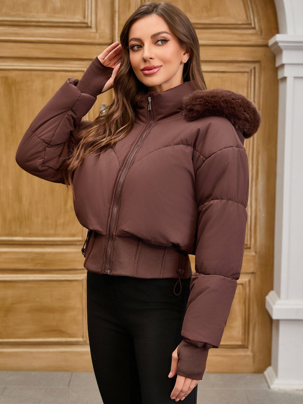 Large Fur Collar Hooded Pockets Short Waist Down Jacket