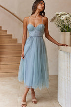 Tulle Corset Sweetheart Spaghetti Strap Tie Waist Midi Dress