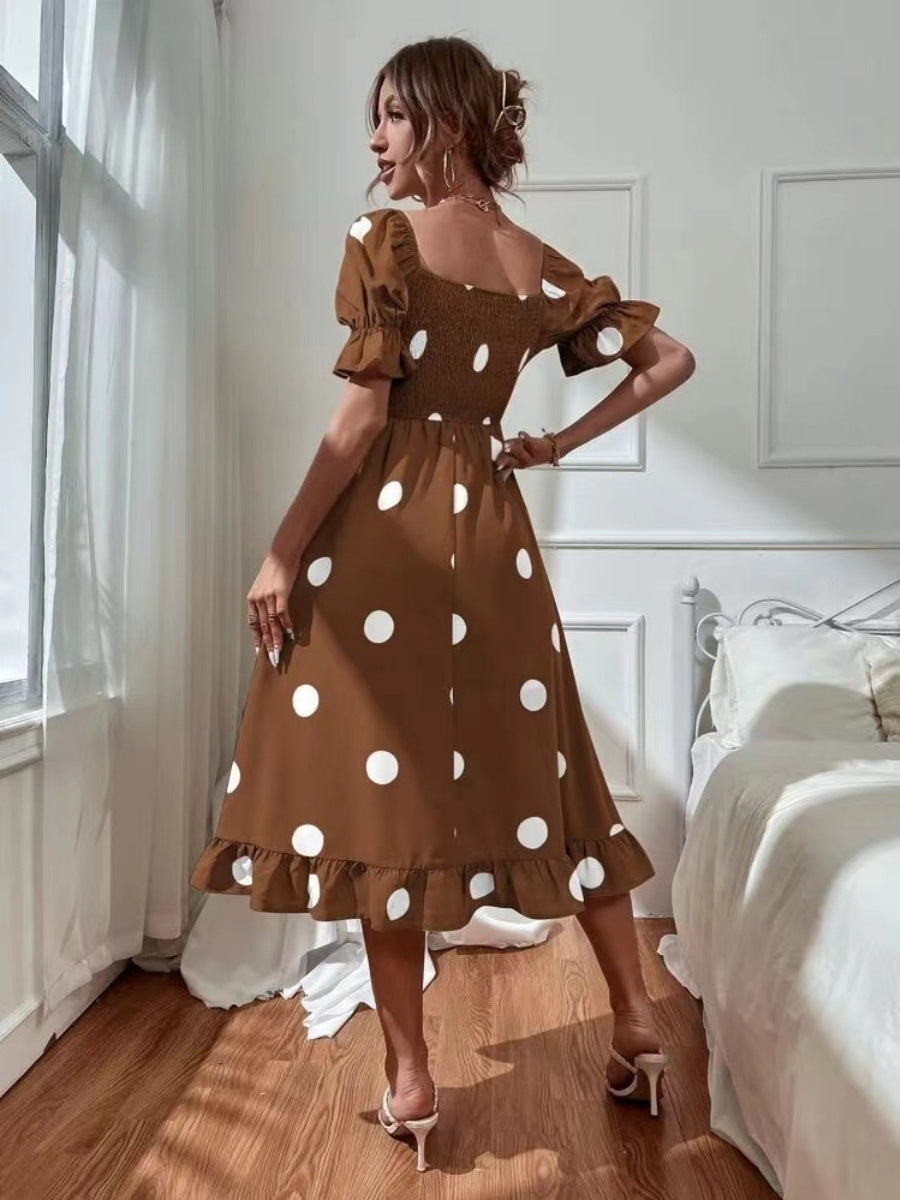 Square Collar Polka Dots Short Sleeve Ruffle Vacation And Leisure Maxi Dresses
