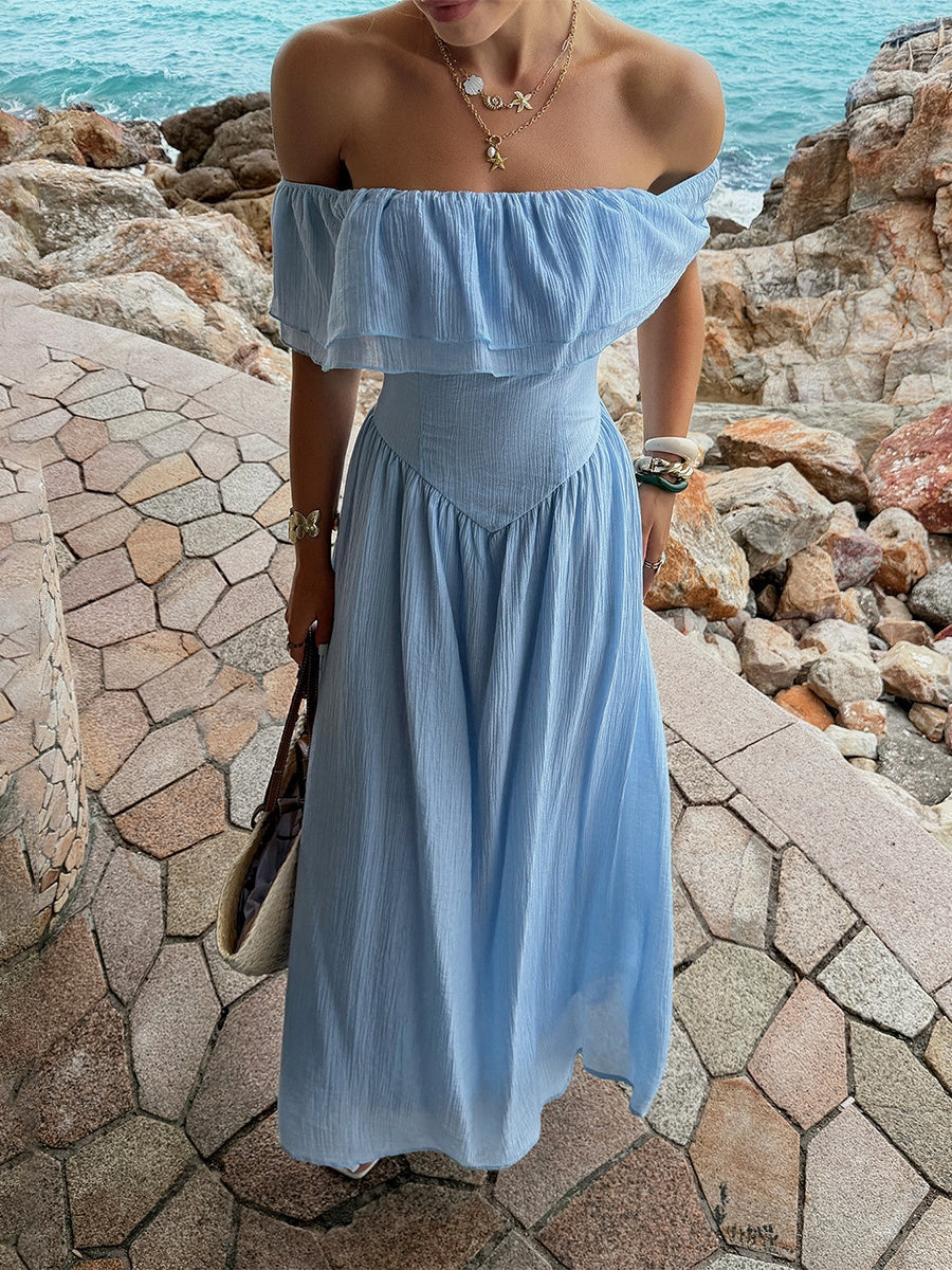 Blue Resort-style Strapless Off-shoulder Long Dress