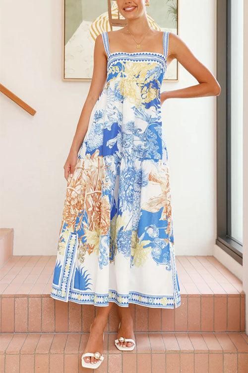 Pocketed Side Slit Printed Maxi Cami Dress