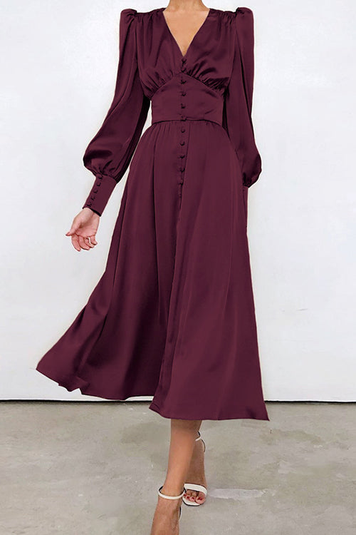 Deep V-Neck Bishop Sleeve Button Front Smocked Waist Midi Dress