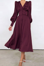 Deep V-Neck Bishop Sleeve Button Front Smocked Waist Midi Dress