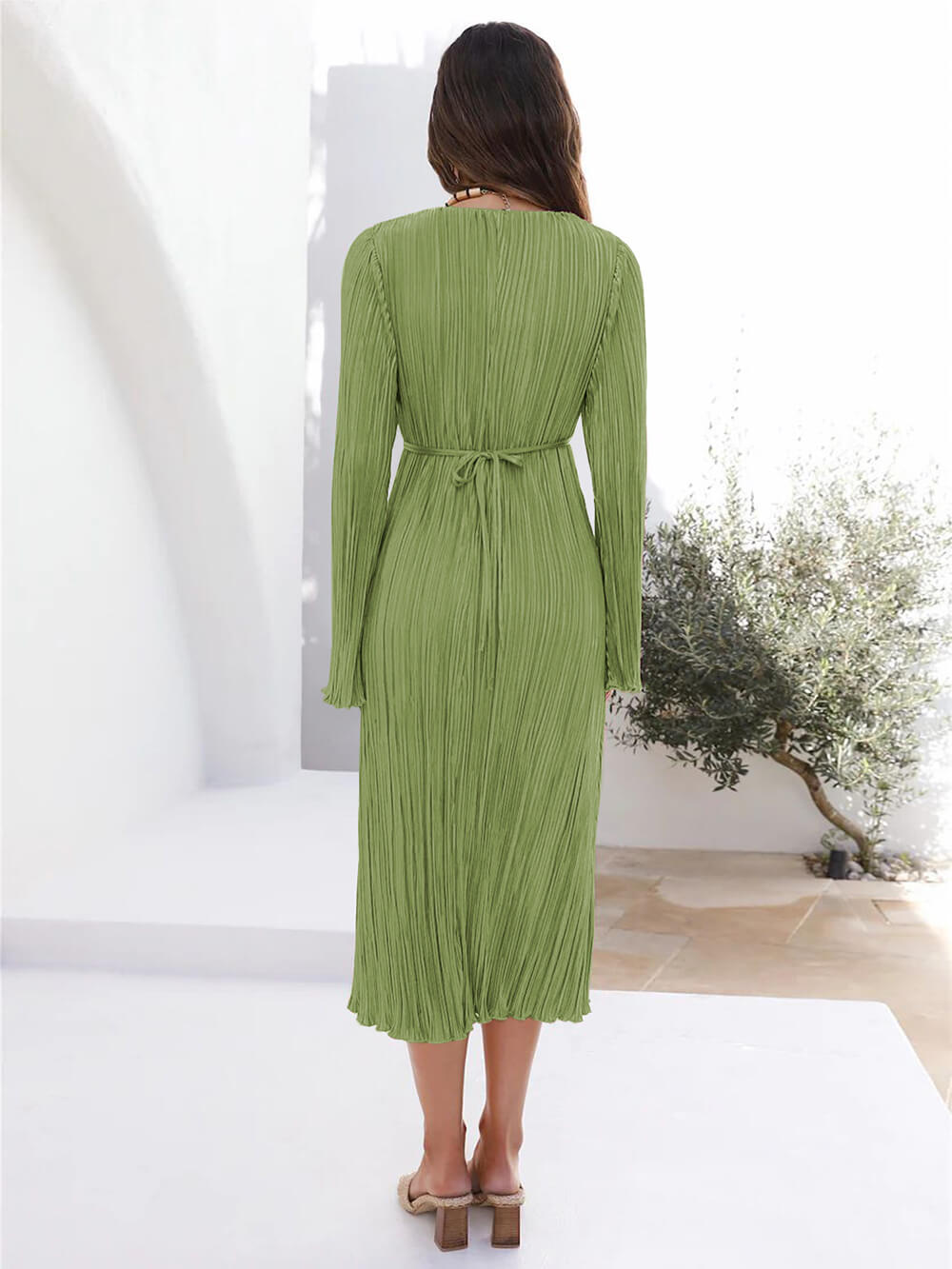 Lace-Up Plunging V-Neck Pleated Long Sleeve Empire Midi Dress