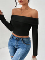 Off-shoulder Slim Fit Short Long-sleeved T-shirt