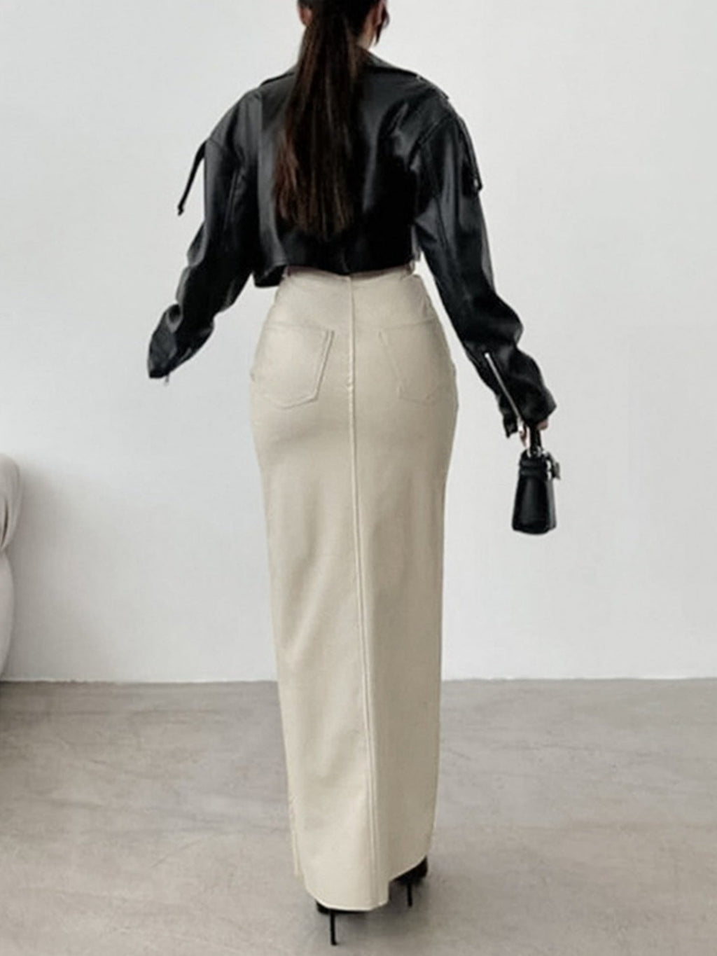PU Leather High-waisted Slim Fit Hip Body Slit Longline Skirts