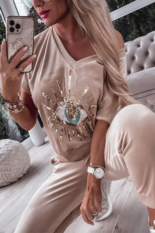 Sequin Pattern V Neck Short Sleeve Top with Pocketed Pants Casual Set