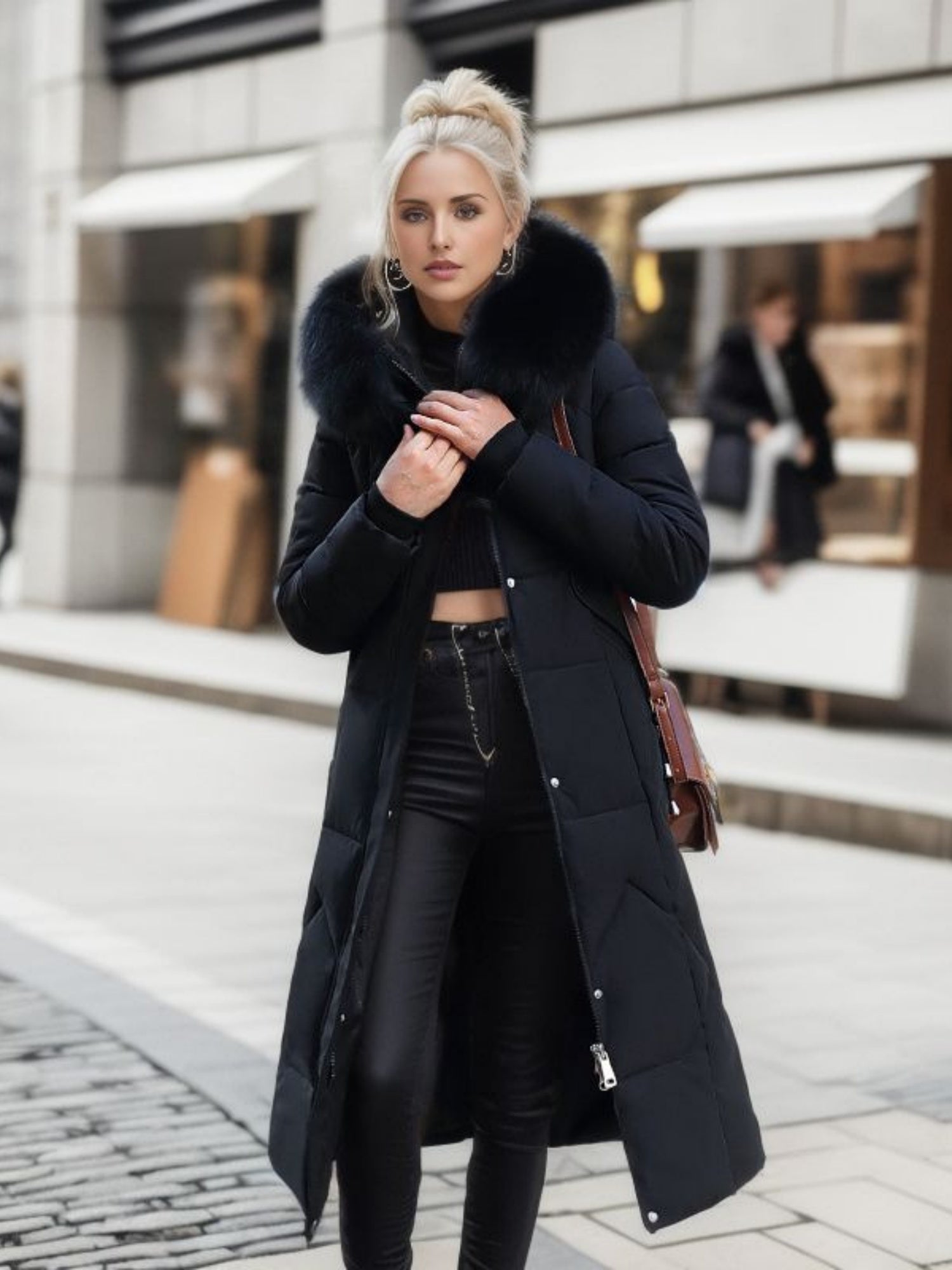 Thick Fur Collar Over-the-knee Mid-length Pocket Down Jacket