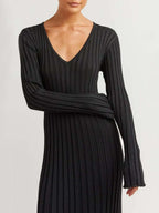 Deep V-Neck Ribbed Knit Long Sleeve Lettuce Edge Trim Maxi Dress