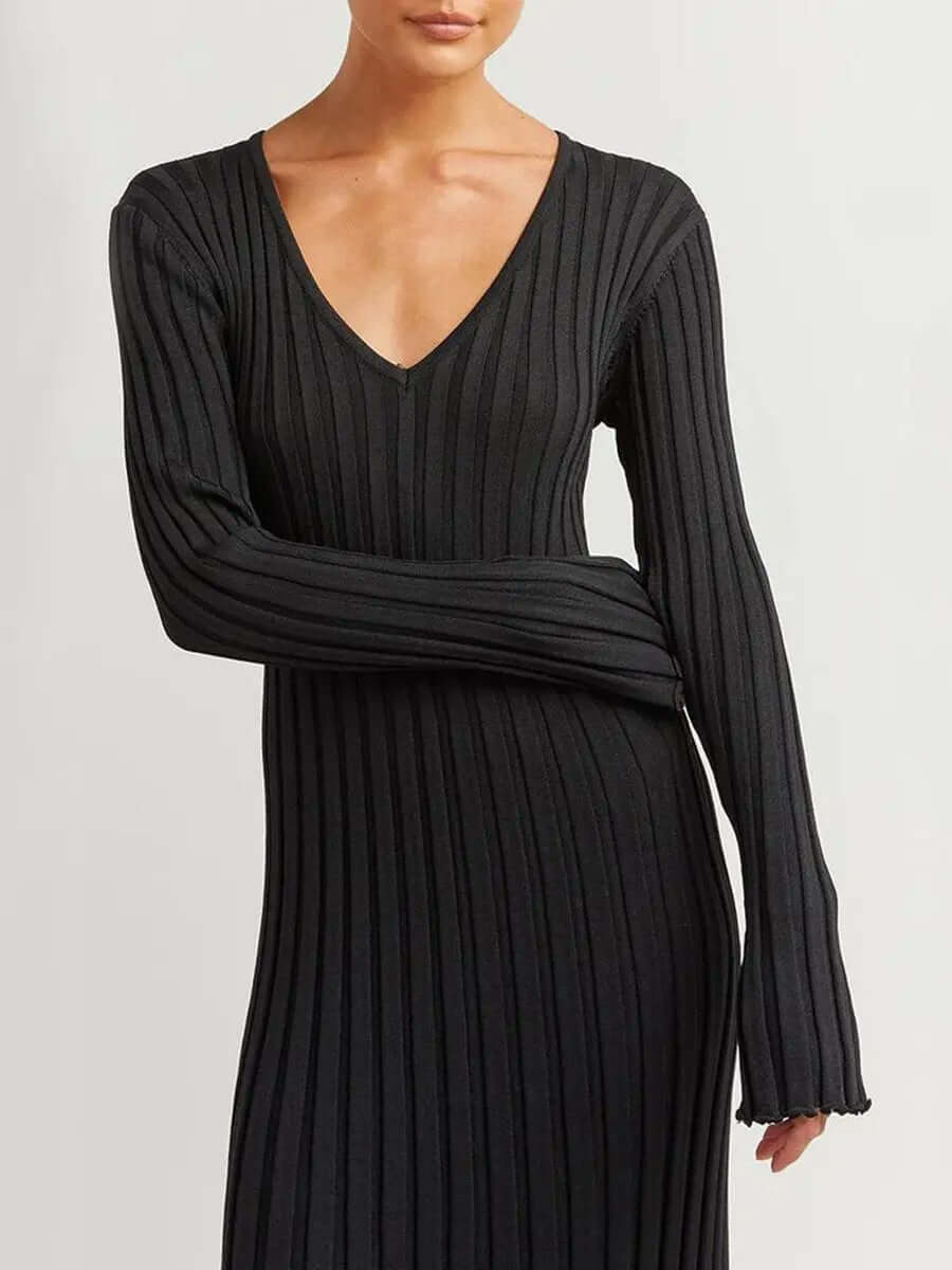 Deep V-Neck Ribbed Knit Long Sleeve Lettuce Edge Trim Maxi Dress