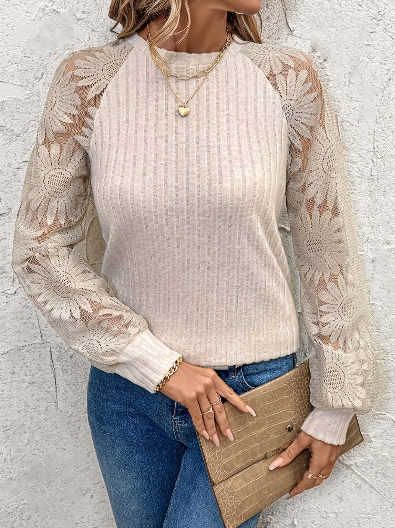Apricot Crew Neck Hollow Lace Stitching Long Sleeve Blouse