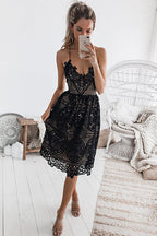 Scalloped Lace Deep V-Neck Spaghetti Strap Fit and Flare Midi Dress
