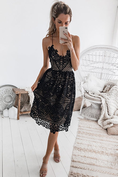 Scalloped Lace Deep V-Neck Spaghetti Strap Fit and Flare Midi Dress