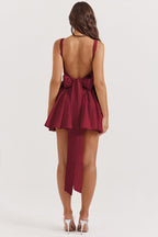 Square Neck Sleeveless Bow Back Pleated Volume Skater Mini Dress