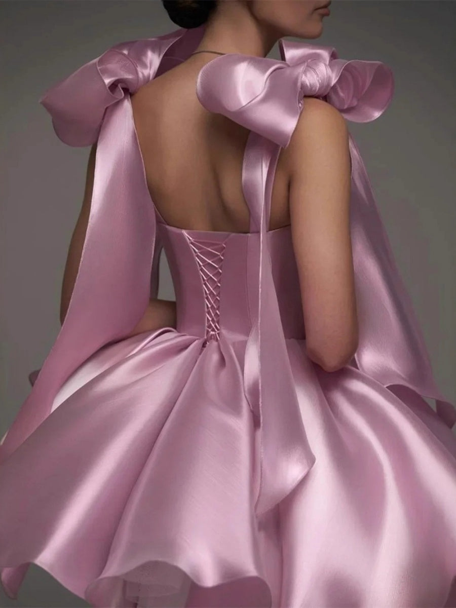 Glossy Fabric, Bow Design, Spaghetti Strap Mini Dress