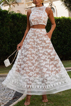 Palm Trees Embroidery Pocketed Swing Maxi Skirt