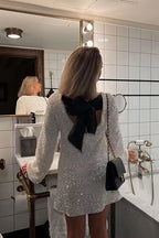 Long Sleeve Sequin Open Back Bow Detail Mini Dress