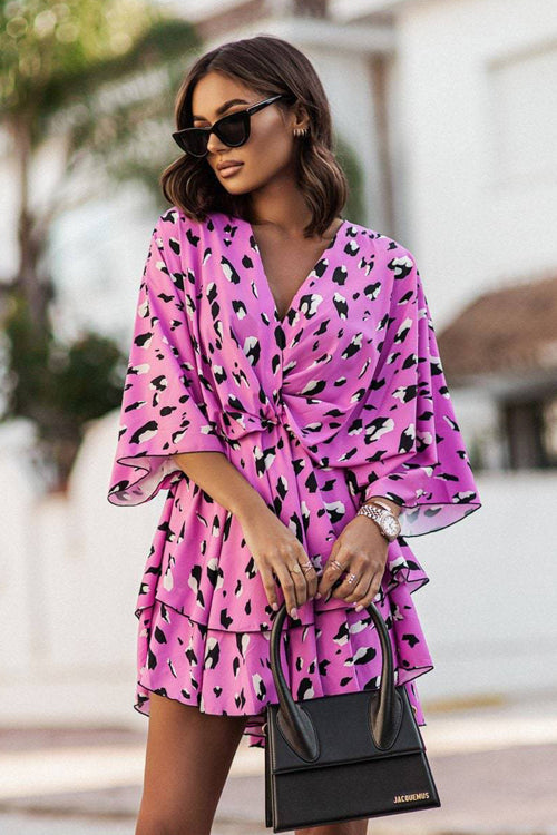 Abstract Print Plunging V-Neck Twist Front Bell Sleeve Tiered Mini Dress