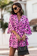 Abstract Print Plunging V-Neck Twist Front Bell Sleeve Tiered Mini Dress