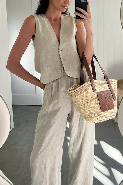V Neck Button Down Blazer Vest and Wide Leg Pants Set