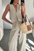 V Neck Button Down Blazer Vest and Wide Leg Pants Set
