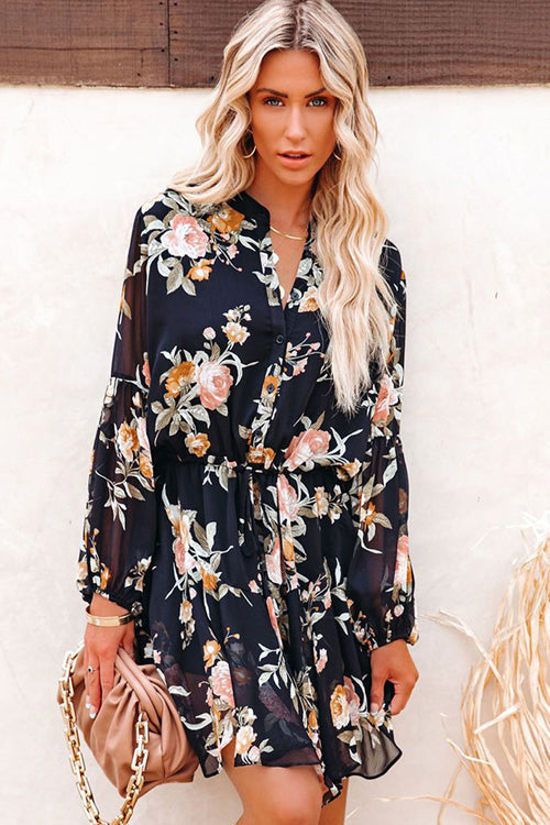 Floral Print V-Neck Button-Front Drawstring Waist Ruffle Hem Mini Dress