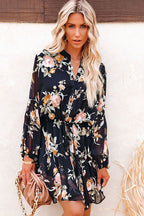 Floral Print V-Neck Button-Front Drawstring Waist Ruffle Hem Mini Dress