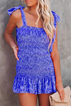 Floral Print Smocked Tie Shoulder Ruffle Hem Mini Dress