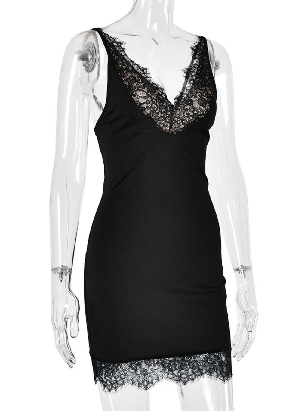 Lace Trim Deep V-neck Sleeveless Bodycon Mini&Short Dresses