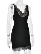 Lace Trim Deep V-neck Sleeveless Bodycon Mini&Short Dresses