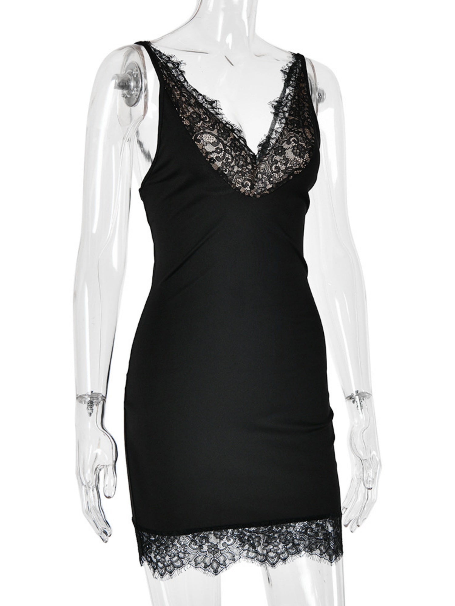 Lace Trim Deep V-neck Sleeveless Bodycon Mini&Short Dresses