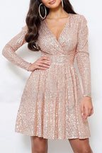 Wrap V Neck Waisted Sequin Mini Party Dress