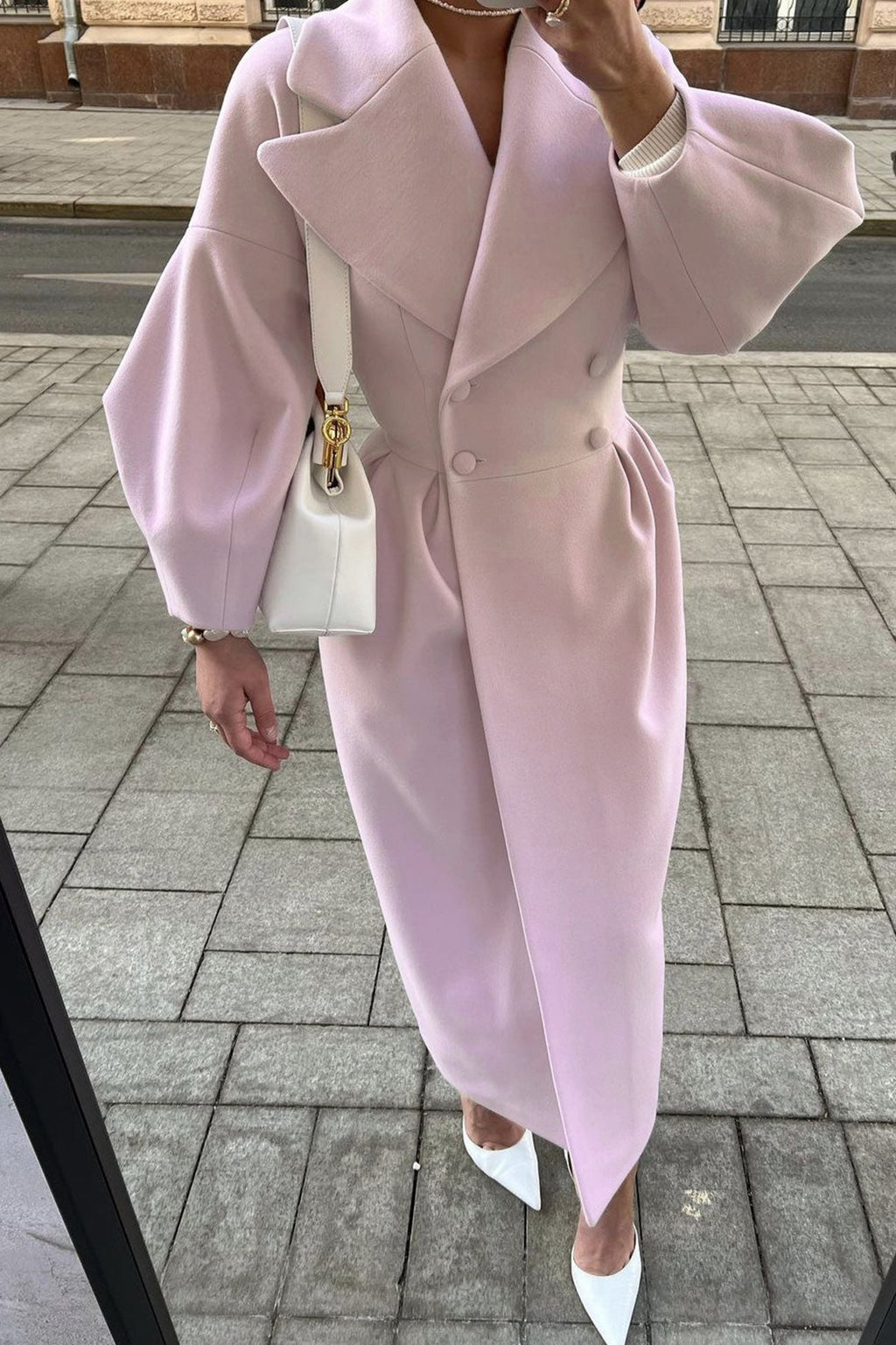 Lapel Lantern Sleeve Button-down Long Coat