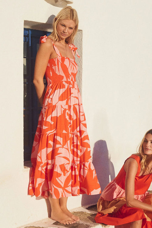 Botanical Leaf Print Smocked Square Neck Tie Shoulder Tiered Maxi Dress