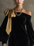 Off-shoulder Balloon Sleeve Bow Banquet Mini&Short Dresses