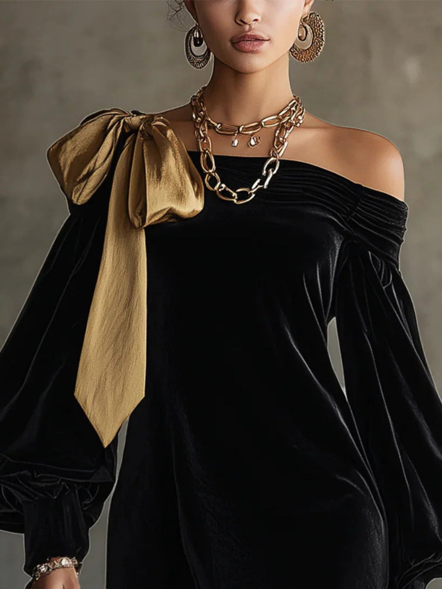 Off-shoulder Balloon Sleeve Bow Banquet Mini&Short Dresses