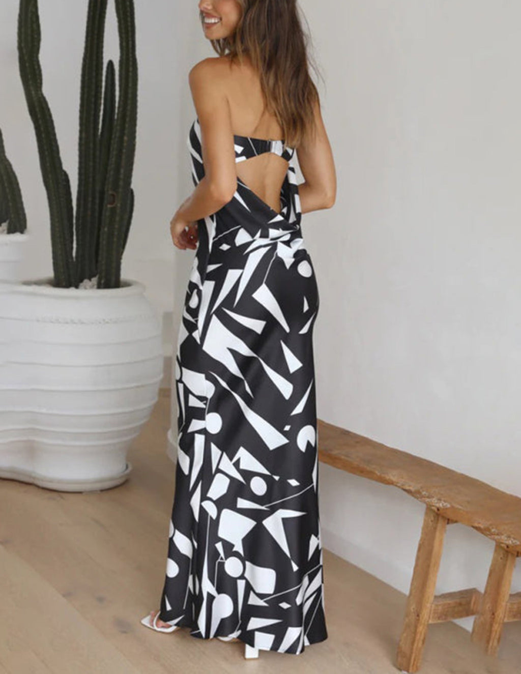Abstract Geometric Print Strapless Satin Maxi Dress